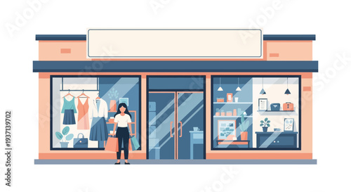 Young Woman with Shopping Bags Standing in Front of a Modern Boutique Storefront - Flat Vector Illustration of Retail Shopping Experience