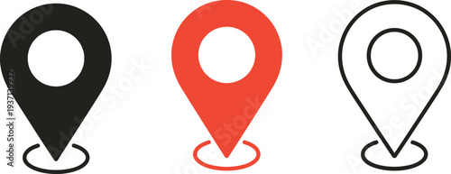 Three different map location pin icons in black red and outline styles map pin navigation