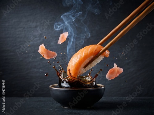 Sushi Nigiri with Salmon Being Dipped into Soy Sauce with Splash and Ginger