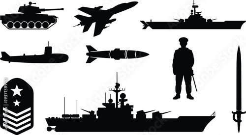 Silhouette illustration collection of diverse military objects including tank, jet aircraft, battleship, submarine, missile, soldier, rank insignia, warship, and combat knife, defense icons set