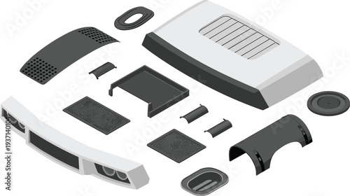 Isometric car front body parts set, bumper, grille, hood panel, automotive spare components vector illustration