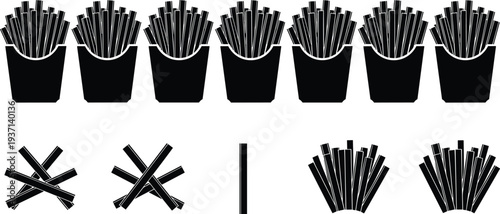 French fries silhouette vector set isolated on white background, fast food icon collection, black snack illustration bundle design
