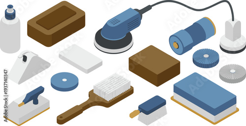 Isometric cleaning tools and polishing equipment set with brushes sponge polisher bottles and sanding discs surface maintenance illustration