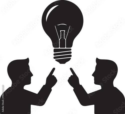 Two people pointing at a light bulb in discussion