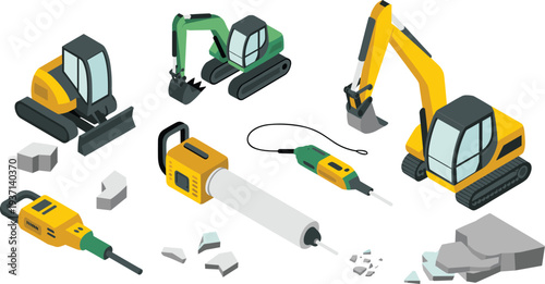 Isometric construction machinery and demolition tools set including excavators bulldozer jackhammer and concrete breaker industrial equipment illustration