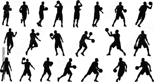 Basketball player silhouettes vector set athletes dribbling passing shooting and running with ball sport action poses isolated illustration