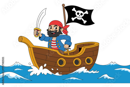 A pirate cartoon character sailing a wooden ship on the ocean