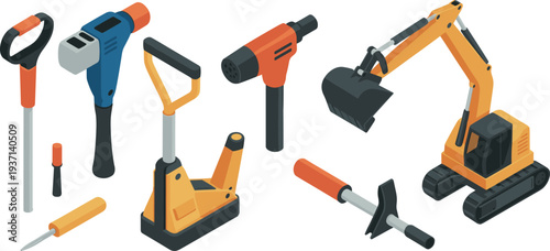 Isometric construction tools and excavator equipment set with jackhammer shovel drill hand tools heavy machinery illustration