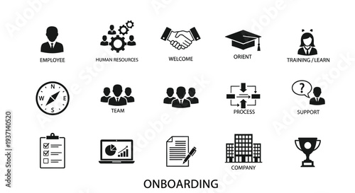 Business icons depicting onboarding teamwork and support a silhouette
