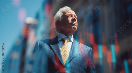 A confident businessman stands against a modern skyline, exuding success and determination in a vibrant atmosphere.