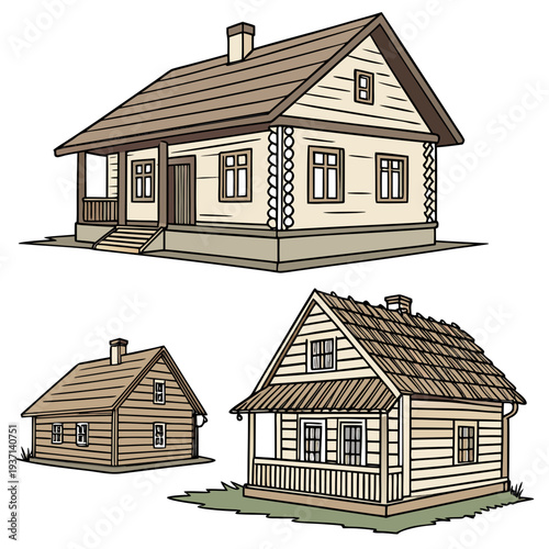 Illustration of two charming wooden houses with brown roofs and beige siding