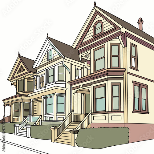 A charming illustration of two traditional victorian houses with ornate details and trim
