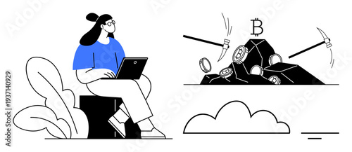 Cryptocurrency mining. Woman using a laptop with cryptocurrency mining equipment, showing the process of Bitcoin mining. Cryptocurrency connects digital currency, fintech, and blockchain. Useful
