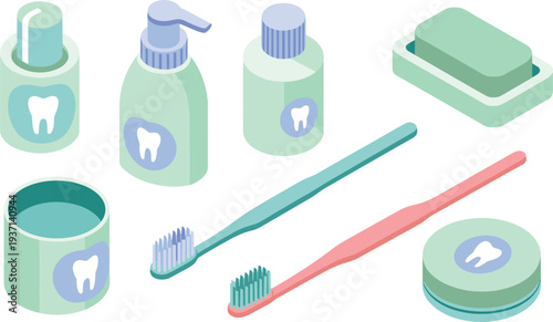 Isometric dental care products set with toothbrush toothpaste mouthwash soap and hygiene containers oral healthcare illustration