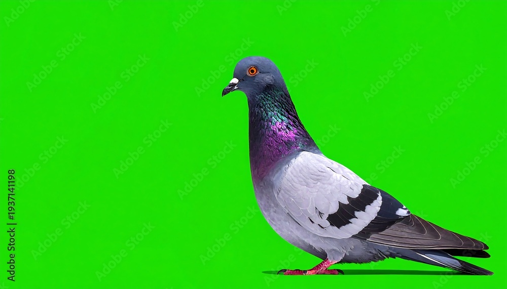 Fototapeta premium A pigeon stands against a bright green backdrop in profile view, its feathers creating beautiful color patterns
