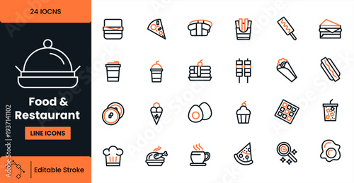 24 Food and Restaurant Editable Line Icons Set