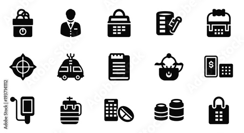 Collection of black icons representing various objects a distinct silhouette