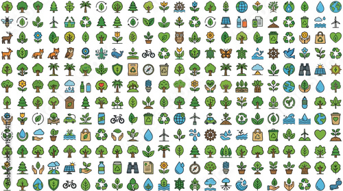Collection of Environment and Sustainability Icons Featuring Trees and Eco Symbols.