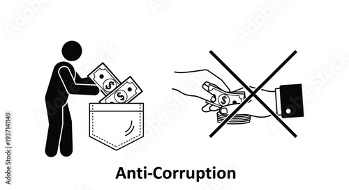 Anti corruption concept showing money exchange bribery and a refusal silhouette