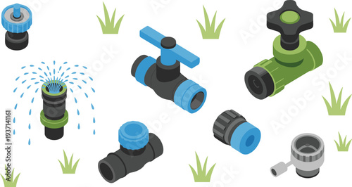 Isometric garden irrigation system set with sprinkler nozzle hose connectors valves and watering fittings for lawn landscape maintenance