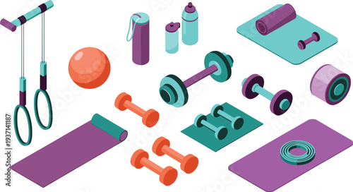 Isometric fitness equipment collection with dumbbells yoga mat gymnastic rings balance ball water bottles workout accessories illustration