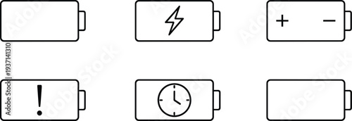 Battery Status Icon Set, Charging Level Indicators Collection, Low Power Warning Symbols, Editable Outline Vector Illustration