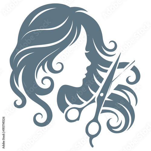 Professional Hair Salon Logo with Scissors and Female Silhouette Vector. A classic and elegant vector logo for a hair salon or professional stylist.