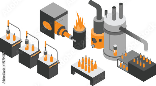 Isometric glass bottle manufacturing process with furnace molding machines factory production line industrial glassmaking illustration set