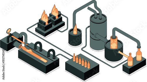 Isometric glass bottle manufacturing process with furnace molding machines and industrial production line equipment for glassmaking factory illustration