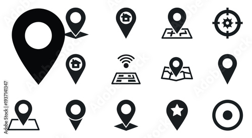 Collection of black location pin icons and map markers silhouette