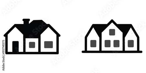 Two black and white house icons with contrasting filled and outlined windows home building