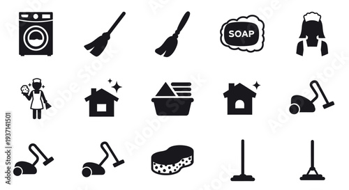Black glyph icons depicting cleaning supplies and domestic chores silhouette