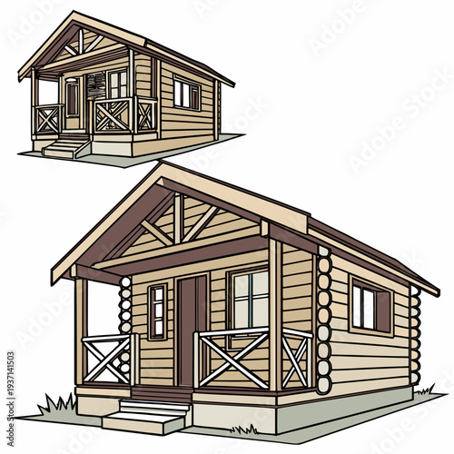 Two charming wooden cabins with brown doors and railings on porches
