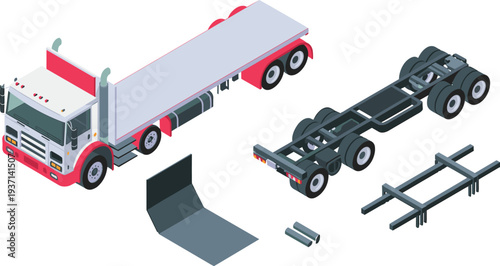 Isometric heavy duty flatbed truck with chassis frame loading ramp and transport platform industrial cargo vehicle illustration set