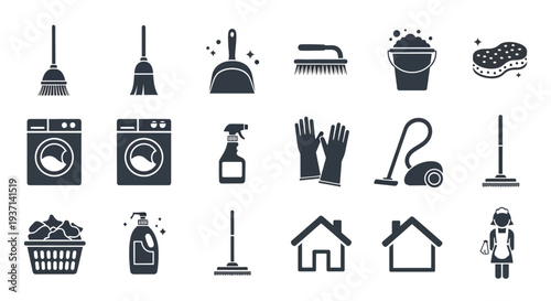 Cleaning supplies and household items depicted in dark silhouettes high quality