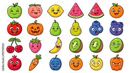 Colorful cartoon fruits and vegetables with different facial expressions.