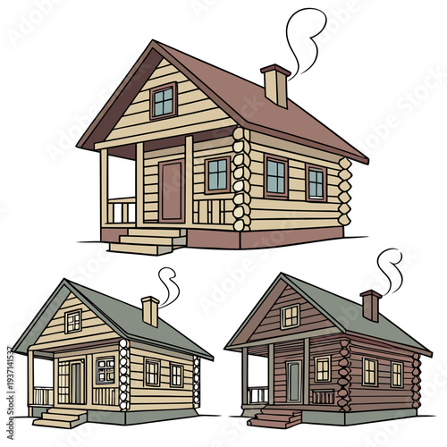 Three cartoon log cabins with smoke coming out of the chimneys