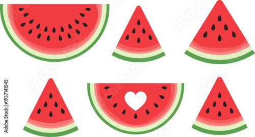 Watermelon Slice Icon Set Featuring Fresh Watermelon Wedges with Seeds and Heart Shape for Summer Fruit Design and Healthy Food Illustration