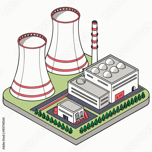 A nuclear power plant with cooling towers and a reactor building on a green lawn with trees and a road