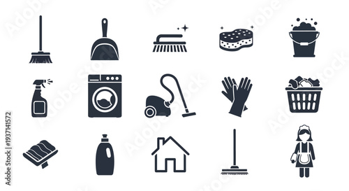 Cleaning supplies and household chores depicted in a dark silhouette