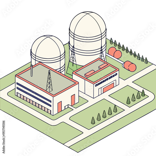 Isometric illustration of a nuclear power plant with cooling towers and buildings