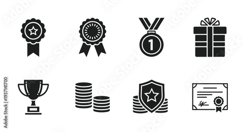 Black icons depicting awards medals and a gift in silhouette