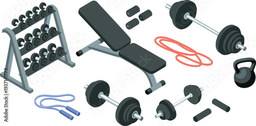 Isometric home gym equipment with dumbbell rack weight bench barbell kettlebell and jump rope fitness workout illustration