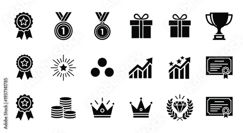 Collection of achievement icons awards and trophies in black silhouette