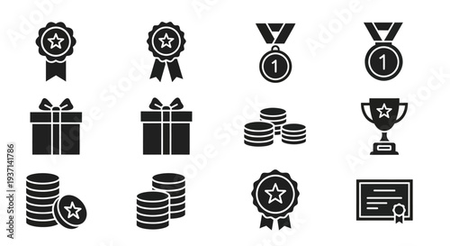 Black icons depicting awards gifts and coins presented as a silhouette
