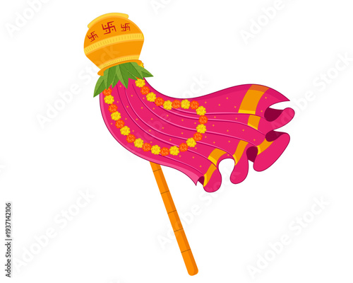 Happy Gudi Padwa with decorated gudi with cloths and leaf celebration of India