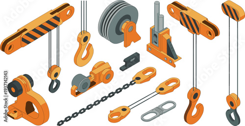 Isometric industrial lifting equipment set with crane hooks pulleys chains hoists rigging hardware and construction lifting components illustration