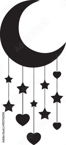 A peaceful black crescent moon with charming hanging stars and hearts creating a lovely decorative element