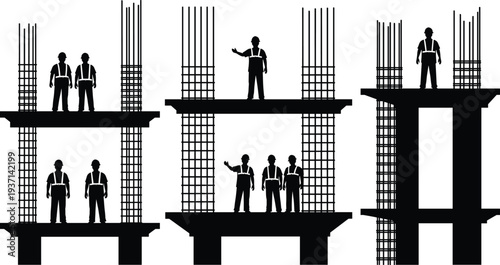 Construction workers building structure silhouette vector illustration team of builders on scaffolding and concrete columns engineering work site design