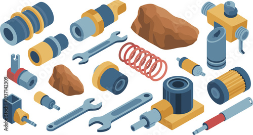 Isometric industrial mechanical parts set, tools, wrench, springs, connectors, engineering equipment vector illustration collection